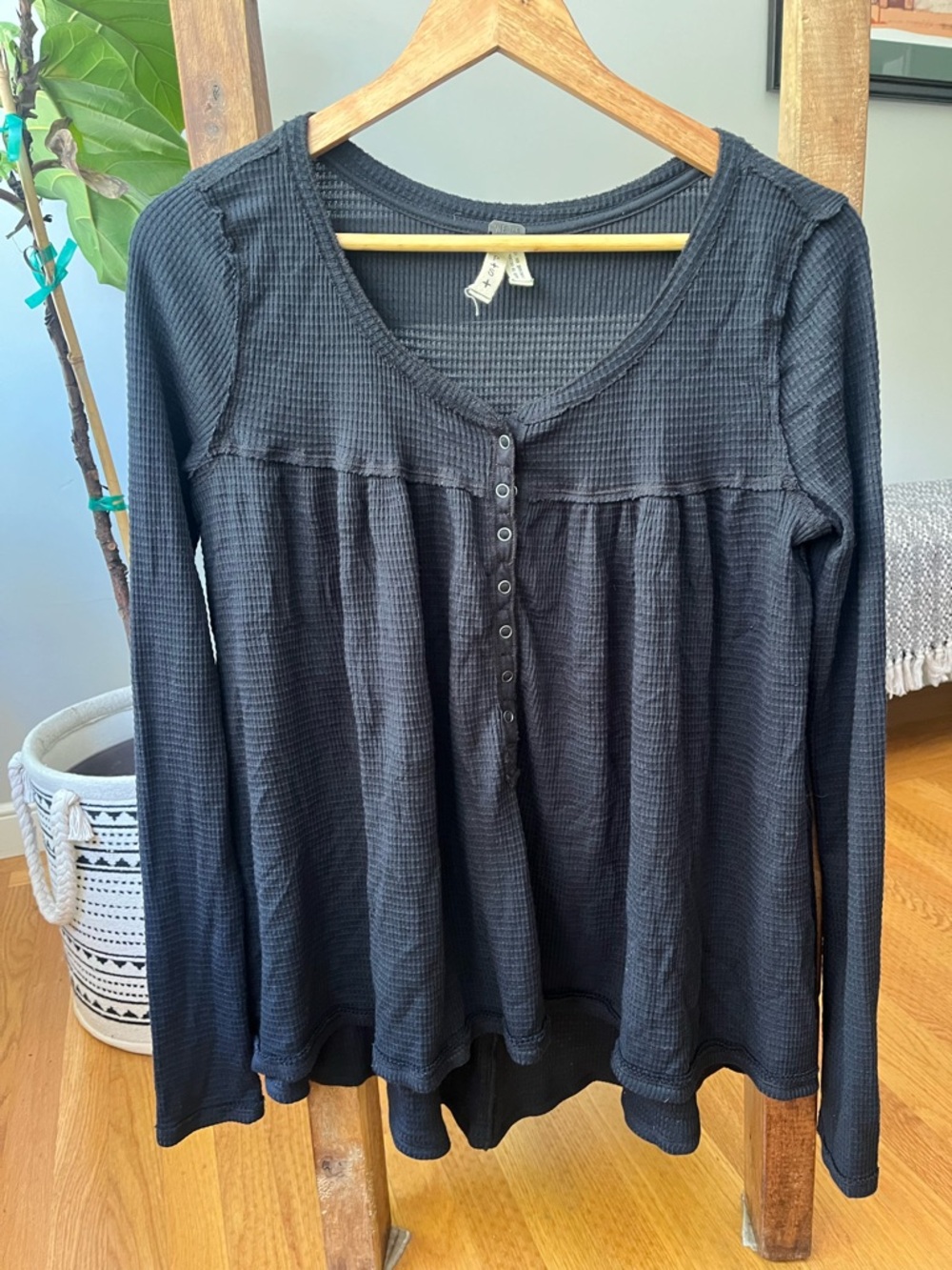 We The Free Black Waffle Knit Henley Long Sleeve Top